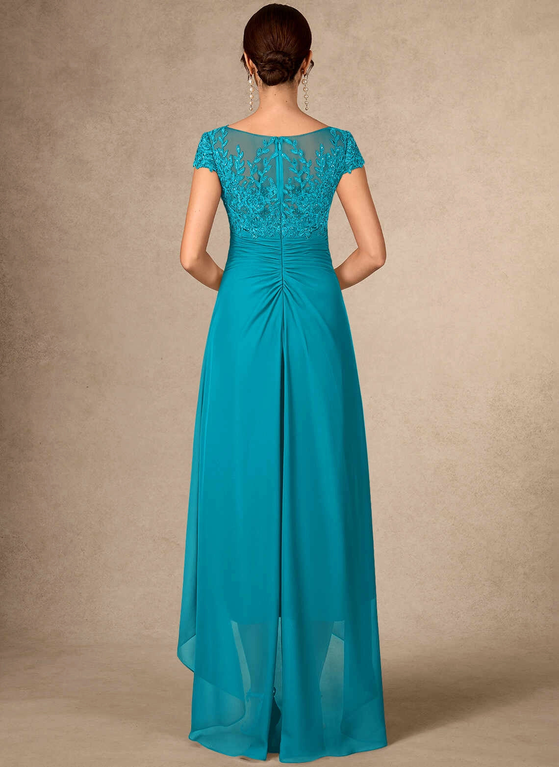 Chic A‑Line V‑Neck Cap Sleeve Ruched High Low Mother Of The Bride Dress