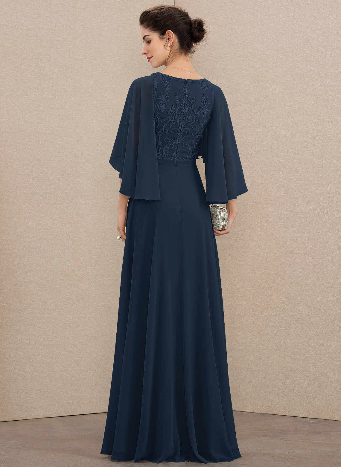 Flowy A‑Line V‑Neck Cape Sleeve Zipper Back Floor‑Length Mother Of The Bride Dress