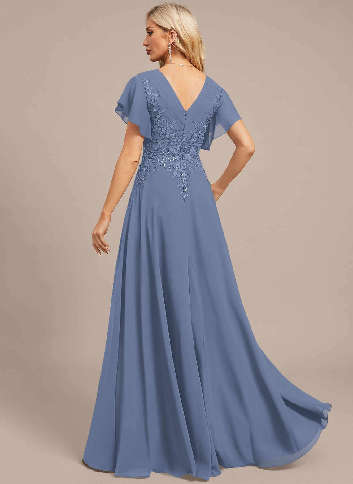 Classic A‑Line V‑Neck Flutter Sleeve V‑Back Long Mother Of The Bride Dress