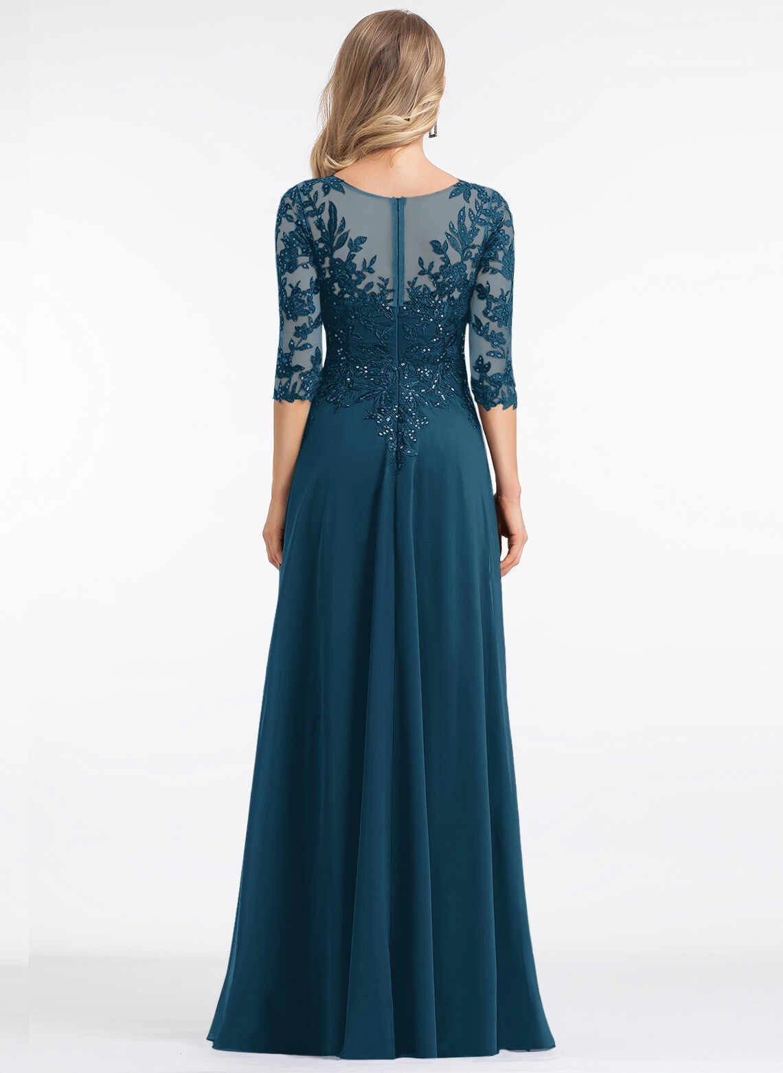 Elegant A‑Line V‑Neck 3/4 Sleeve Illusion Back Long Mother Of The Bride Dress