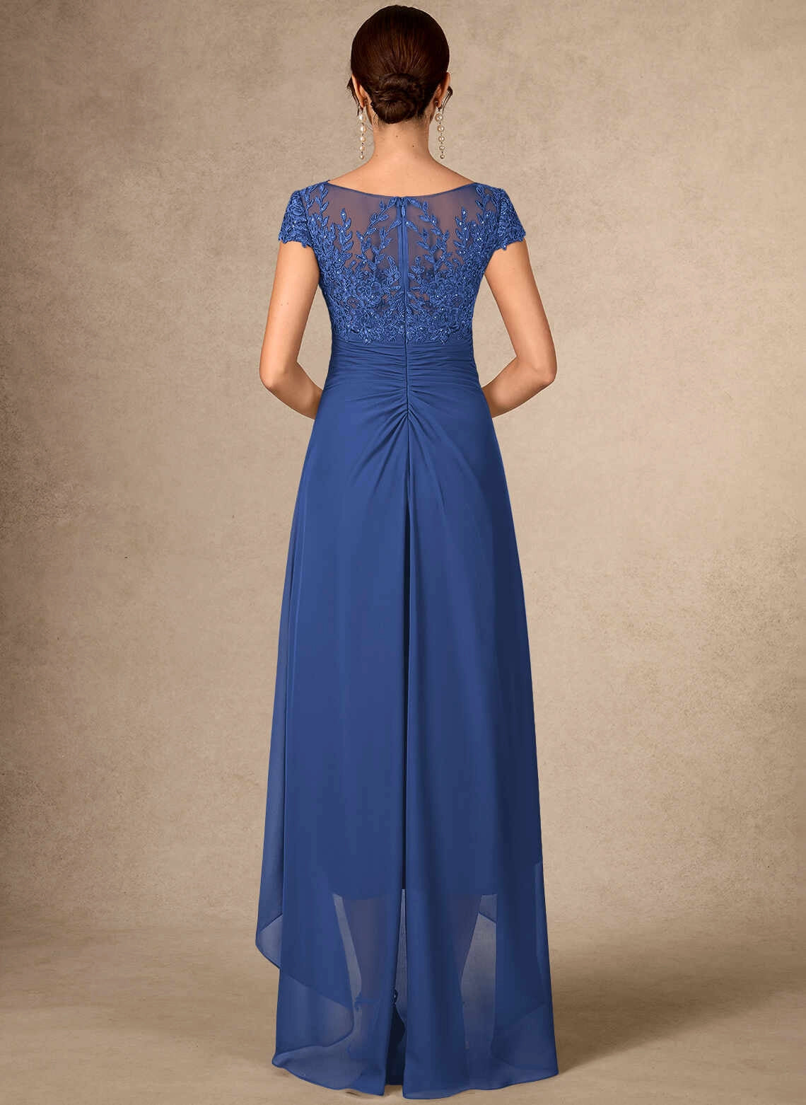 Vedress Ruched Illusion Back High Low Chiffon Evening Gown Back View