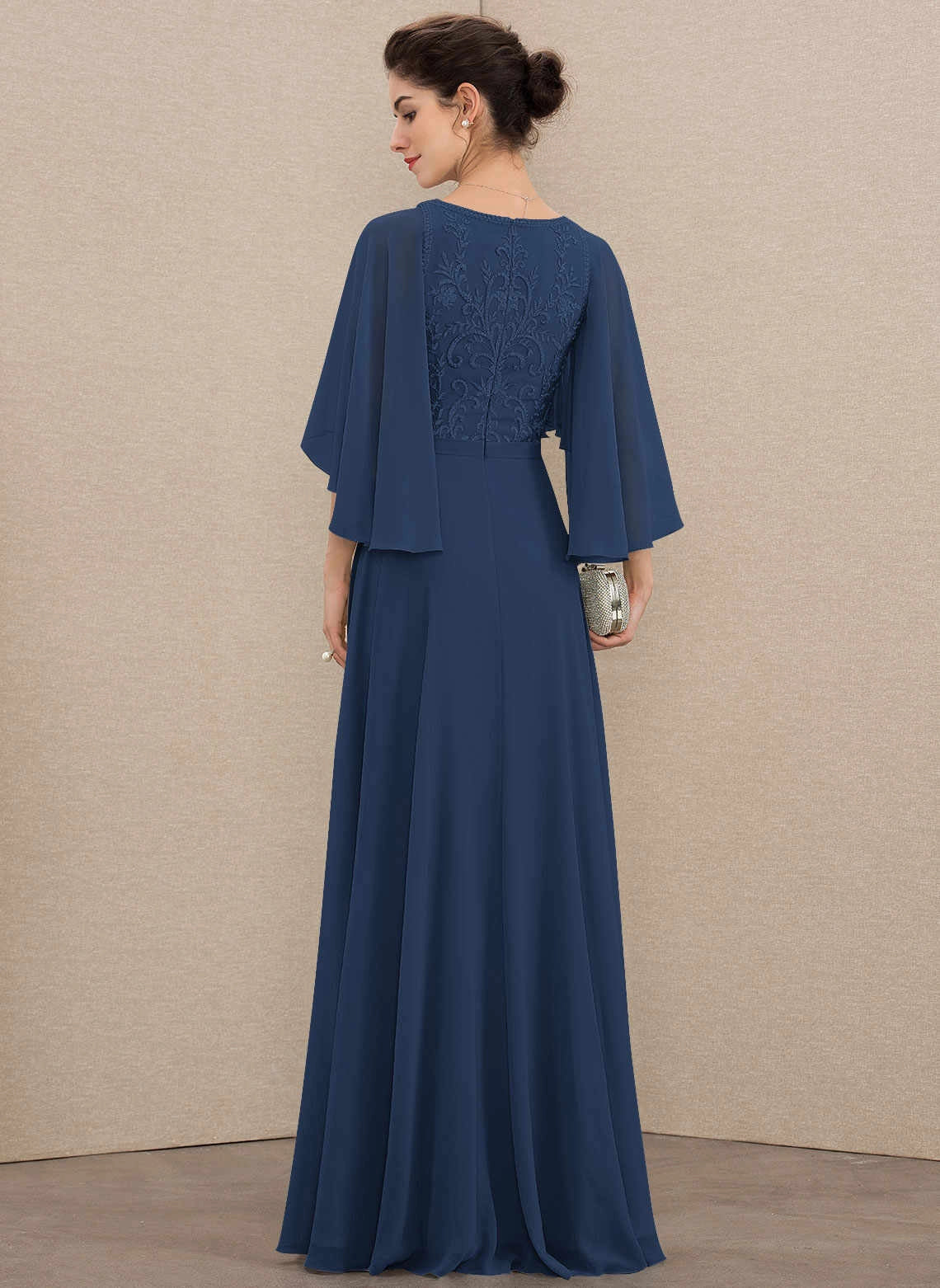 Flowy A‑Line V‑Neck Cape Sleeve Zipper Back Floor‑Length Mother Of The Bride Dress