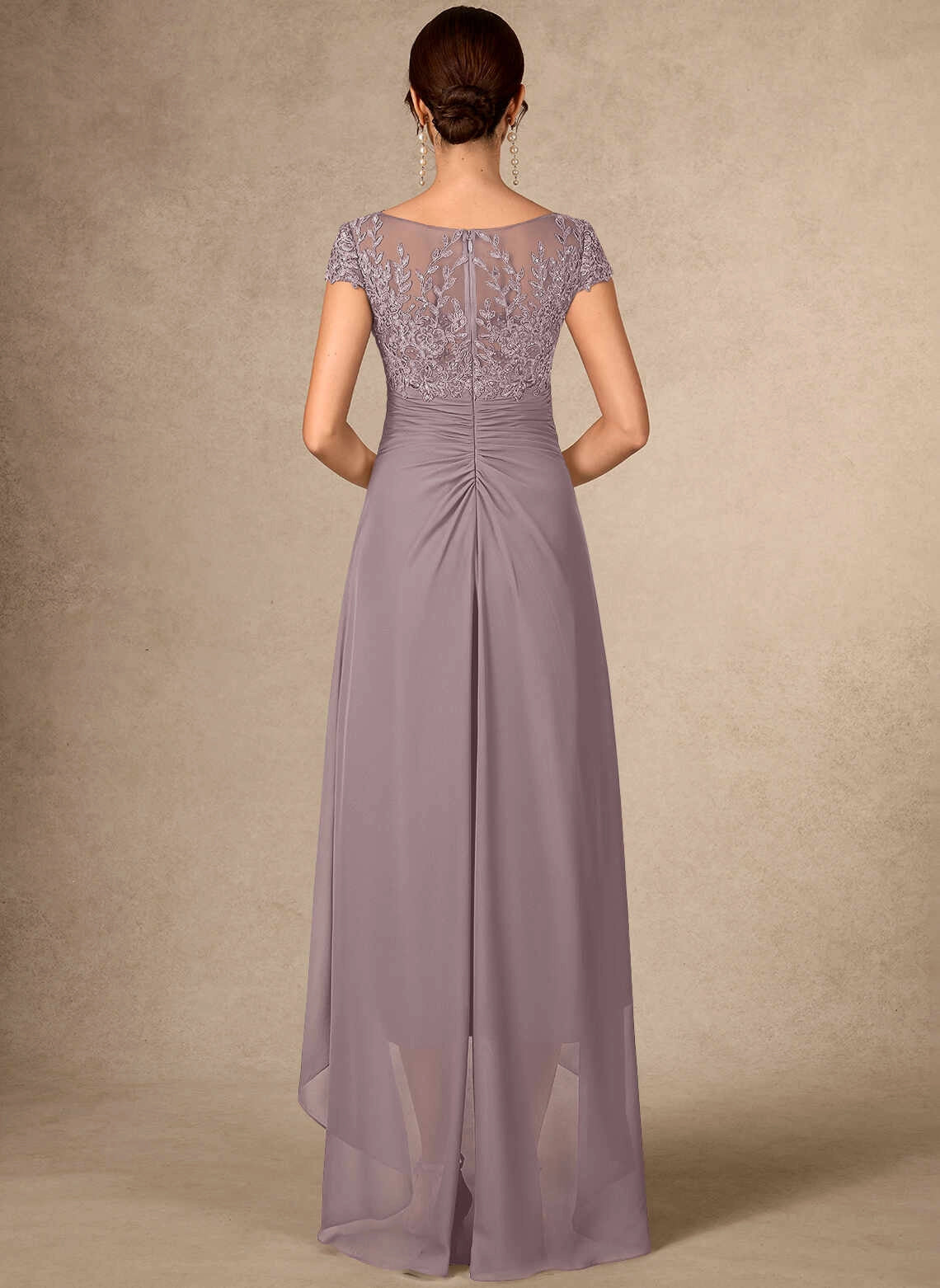 Chic A‑Line V‑Neck Cap Sleeve Ruched High Low Mother Of The Bride Dress