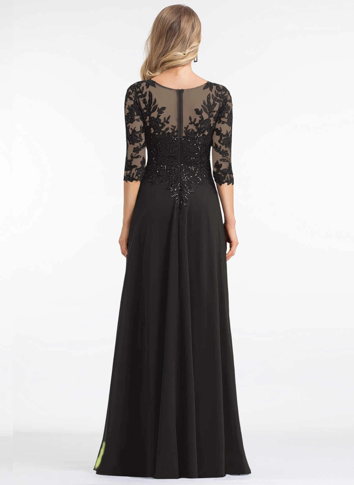 Elegant A‑Line V‑Neck 3/4 Sleeve Illusion Back Long Mother Of The Bride Dress