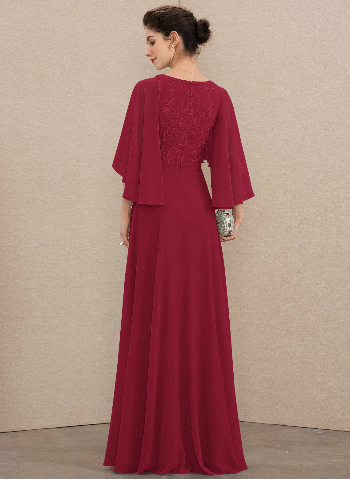 Flowy A‑Line V‑Neck Cape Sleeve Zipper Back Floor‑Length Mother Of The Bride Dress