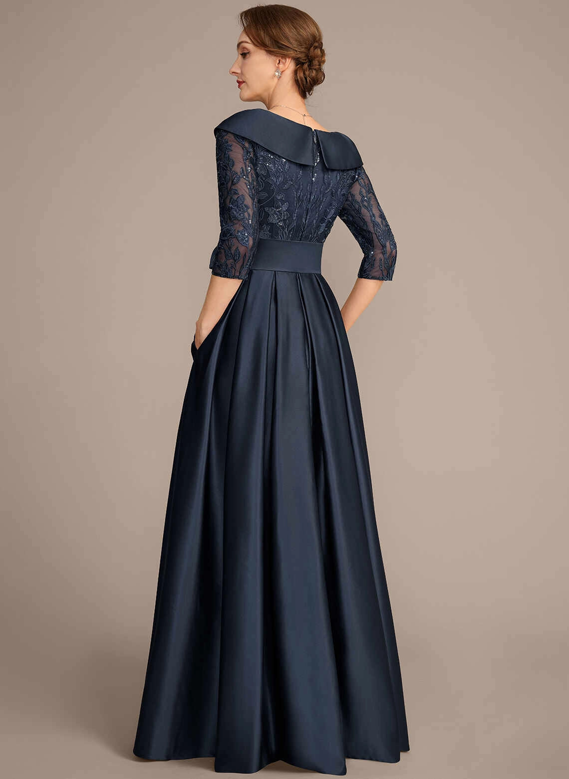 Vedress navy satin mother of the bride dress, lapel v‑neck lace 3/4 sleeves, pockets, zip‑back floor gown