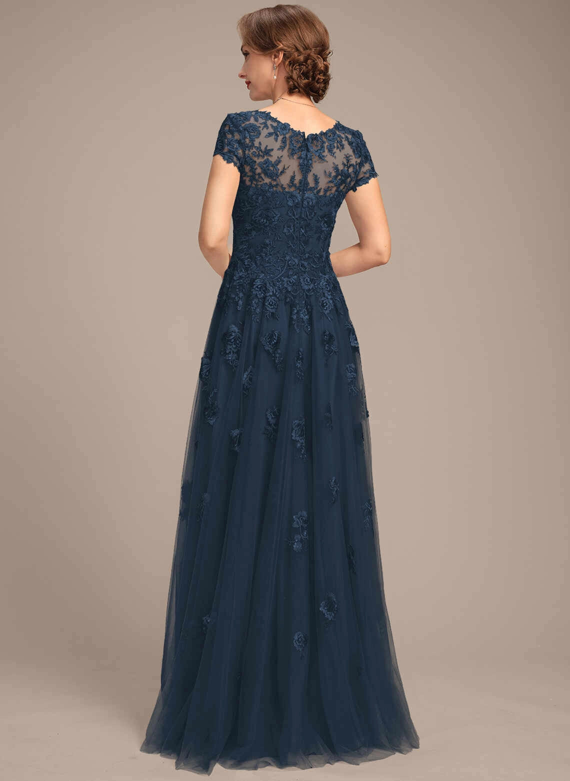 Romantic A‑Line V‑Neck Cap Sleeve Illusion Back Long Mother Of The Bride Dress