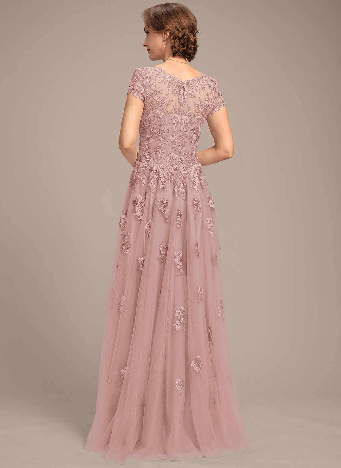 Vedress Illusion Mesh Back Floral Tulle Long Evening Gown Back View