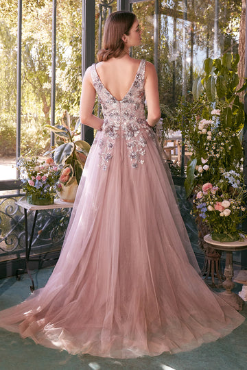 Dreamy A-Line V-Neck Sleeveless Tulle Sequin Floral-Appliqué Prom Dress