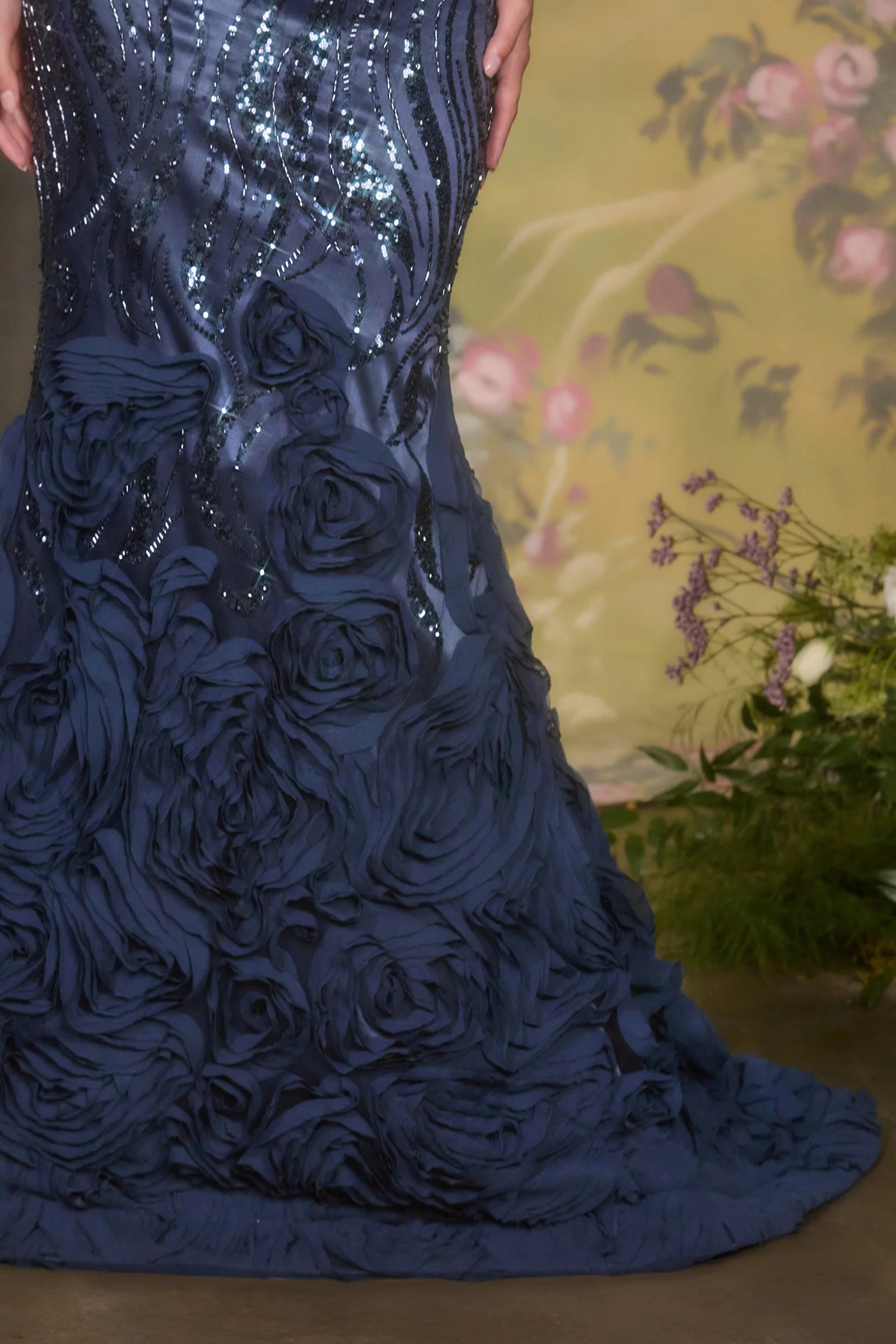 Elegant Mermaid Off-the-Shoulder Sleeveless Satin Floor-Length Sequined 3D Floral Lace-Up Evening Gown