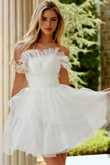 Elegant ALine OffShoulder Tulle Short Ruffled Tiered Homecoming Dress