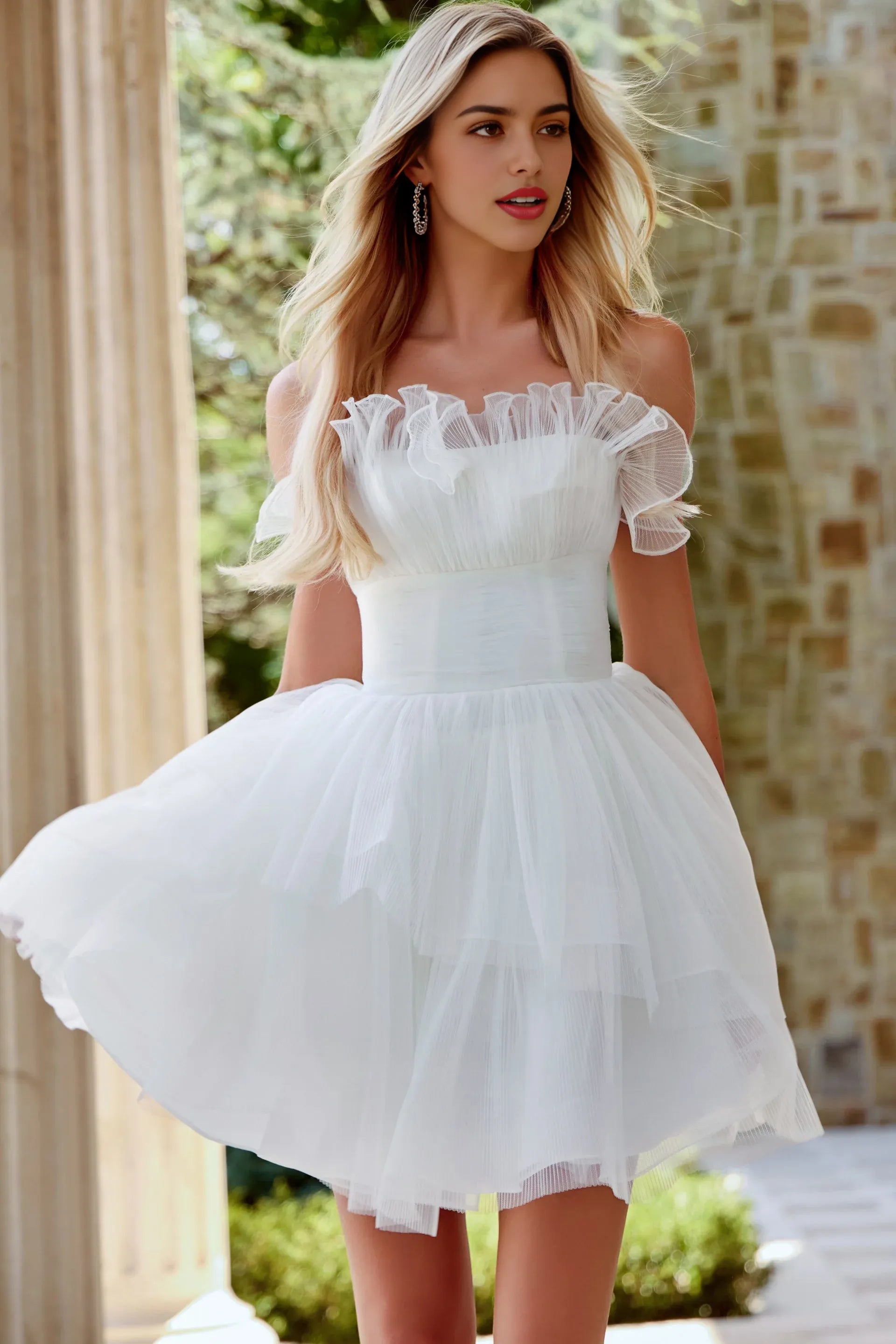 Elegant ALine OffShoulder Tulle Short Ruffled Tiered Homecoming Dress