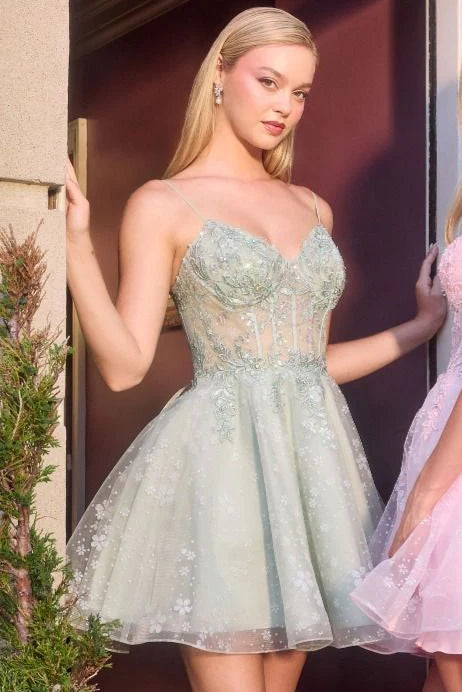 Romantic ALine Sweetheart SpaghettiStrap Tulle Lace Mini Corset Homecoming Dress
