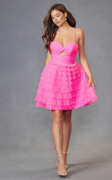 ALine Sweetheart SpaghettiStrap Tulle Tiered LaceUp Short Homecoming Dress