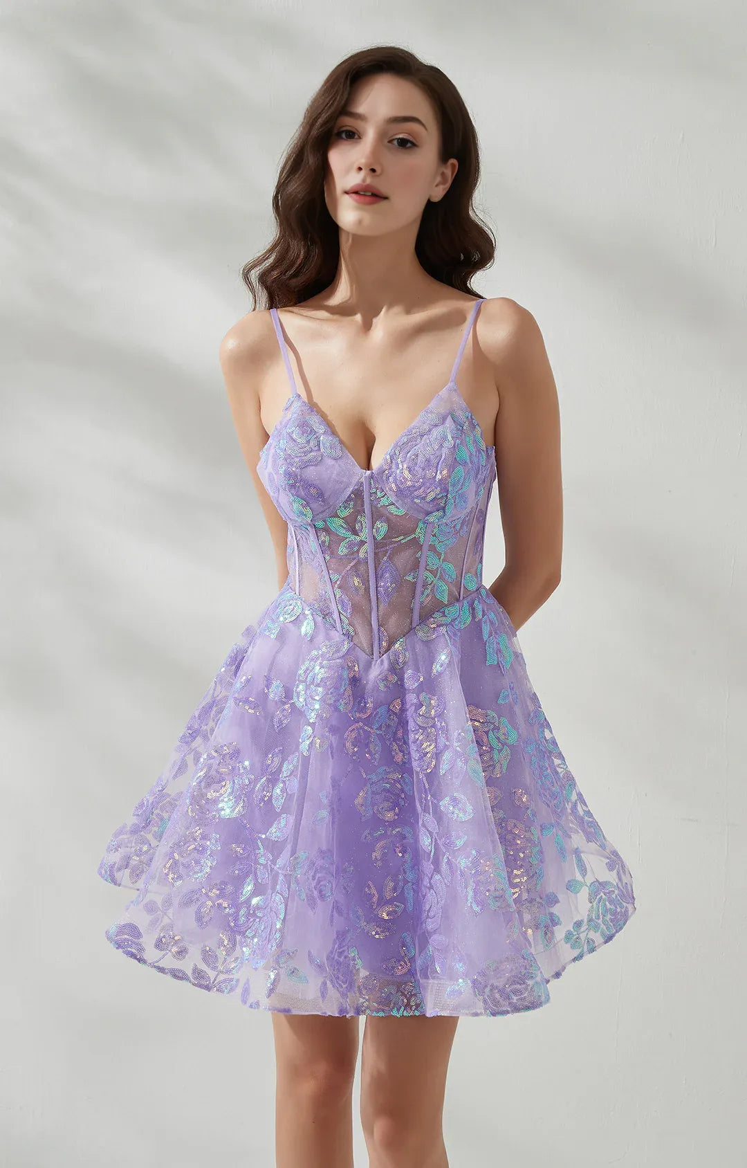 ALine VNeck Sequin Tulle Short Corset Homecoming Dress
