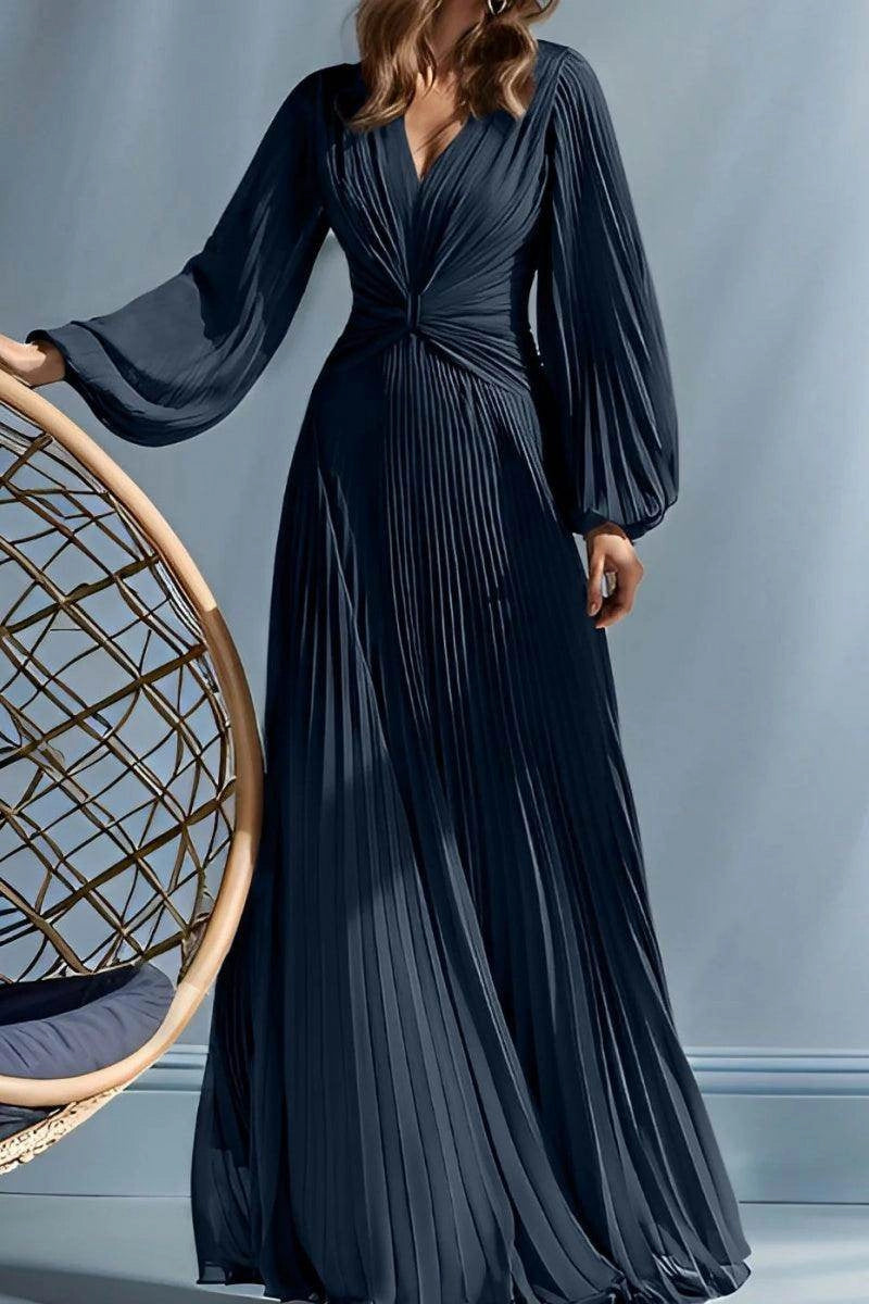 Vedress navy pleated floor length mother of the bride dress deep v neck twist waist balloon long sleeve gown for garden wedding Ascot race day