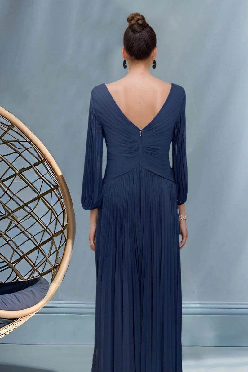 Flowy A-Line V Neck Long Sleeve Zip Back Floor Length Mother Of The Bride Dress