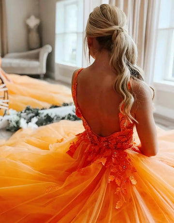 Women's Elegant V-Neck Tulle A-Line Princess Prom Dress with Lace Floral Deep V Neck Prom Long Tulle Ball Gown