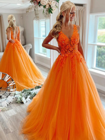 Women's Elegant V-Neck Tulle A-Line Princess Prom Dress with Lace Floral Deep V Neck Prom Long Tulle Ball Gown