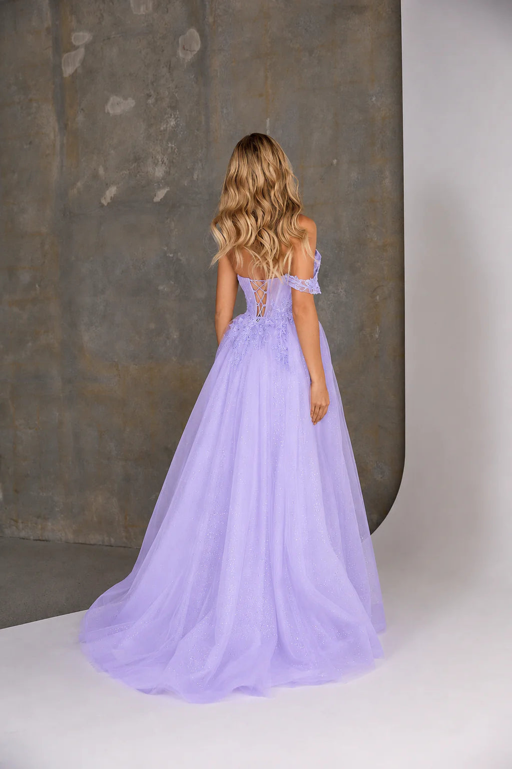 Dreamy Off-Shoulder Sweetheart Lace Applique Glitter Tulle A-Line Prom Evening Gown with Slit