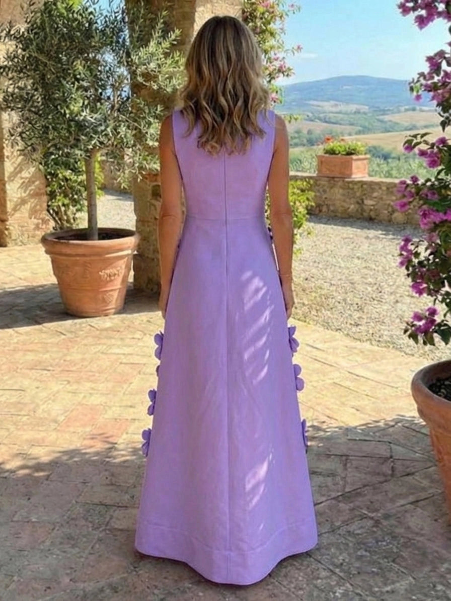 Vedress lavender handmade 3D flower applique sleeveless A‑line long wedding guest dress
