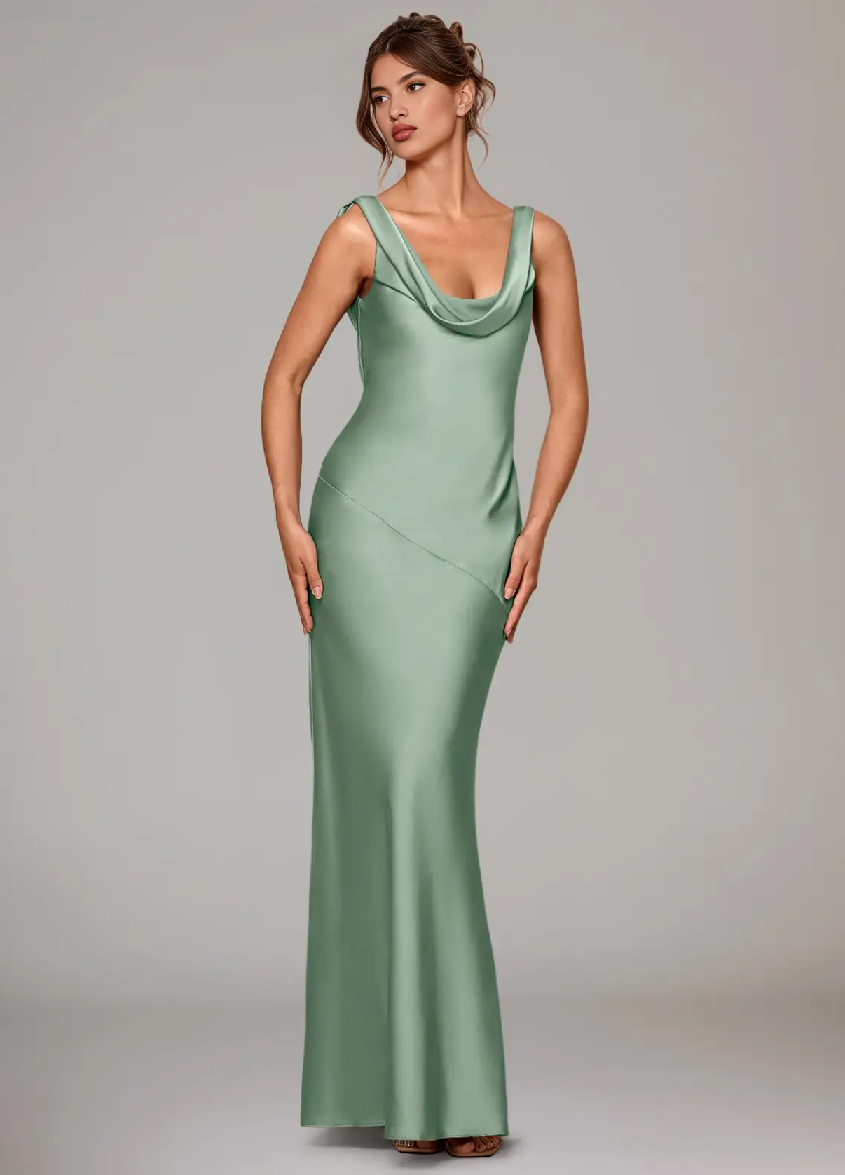 Elegant Mermaid Satin Cowl Neck Long Sleeveless Bridesmaid Dresses with Low Back Detail Evening Gown