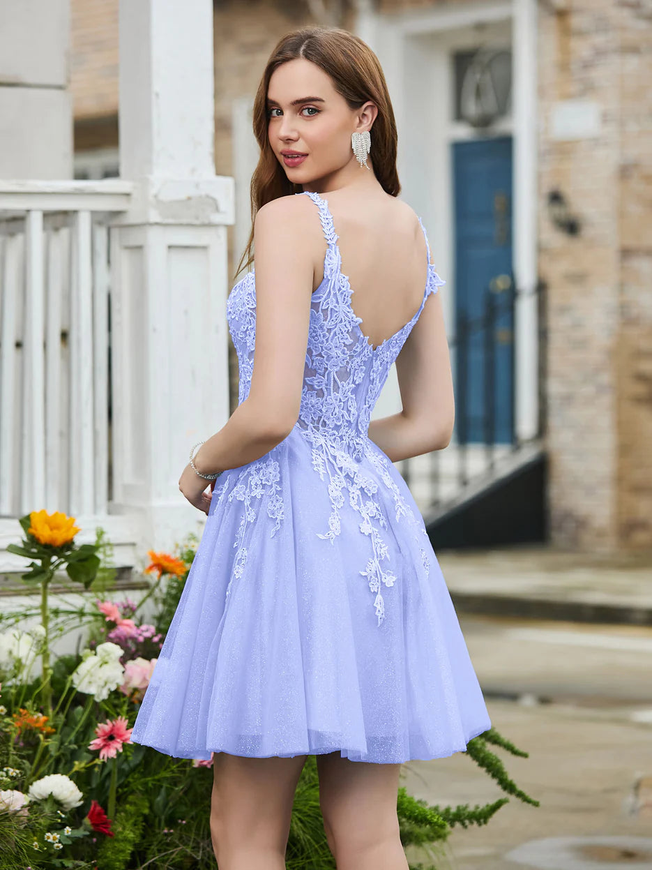 Spaghetti-Strap Floral-Lace Appliqued Glitter-Tulle A-Line Plunge Neck Short Homecoming Dress