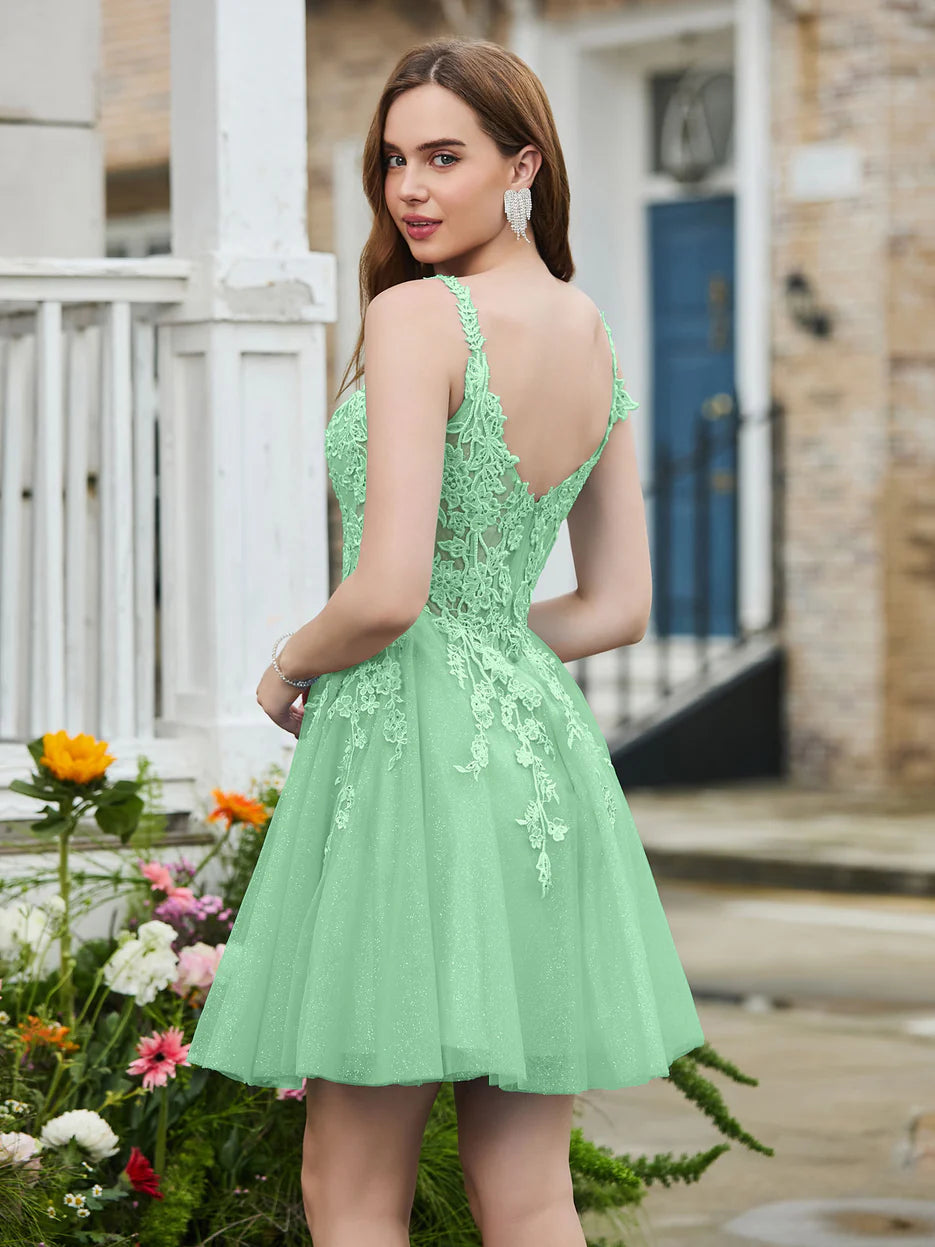 Spaghetti-Strap Floral-Lace Appliqued Glitter-Tulle A-Line Plunge Neck Short Homecoming Dress