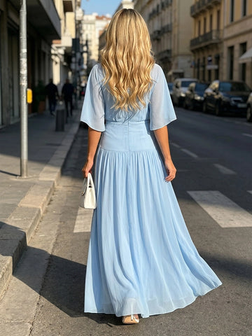 Back view Vedress light blue flowy chiffon formal gown hidden zip‑back long mother‑of‑bride outfit
