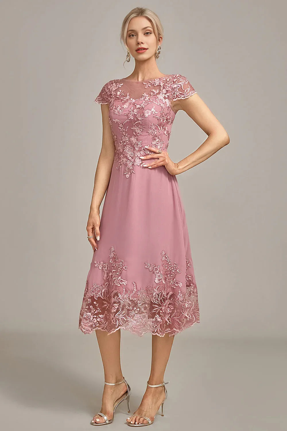 Delicate Aline Bateau Neck Chiffon Lace Mother of the Bride Dress Midi Cocktail Dress