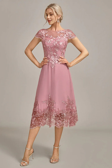 Delicate Aline Bateau Neck Chiffon Lace Mother of the Bride Dress Midi Cocktail Dress