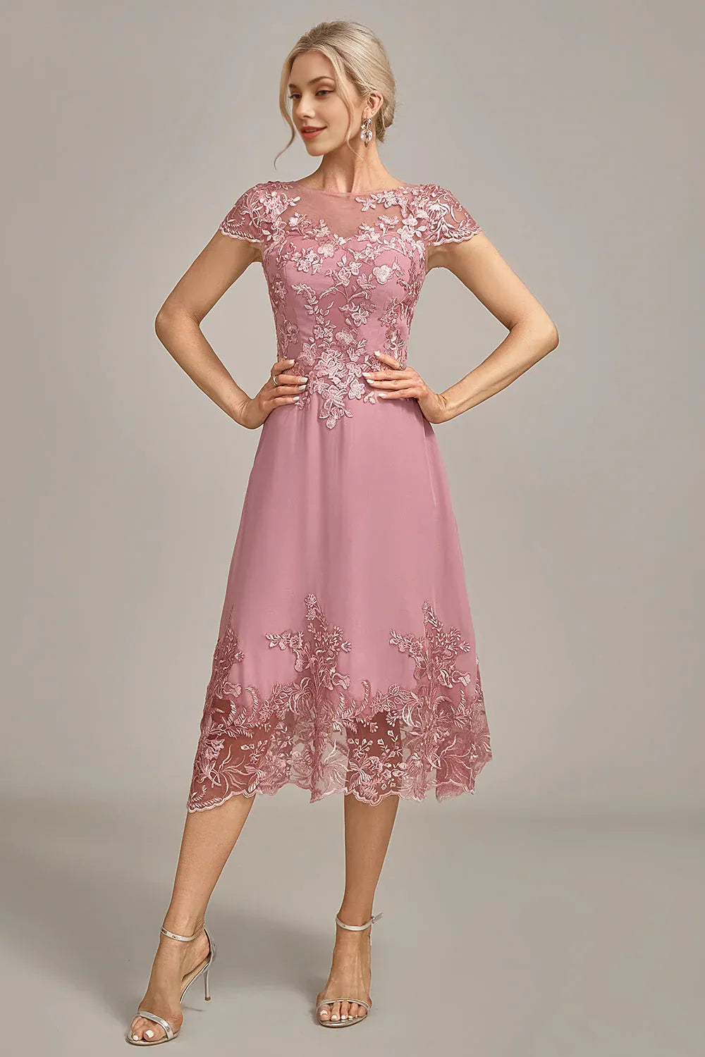 Delicate Aline Bateau Neck Chiffon Lace Mother of the Bride Dress Midi Cocktail Dress