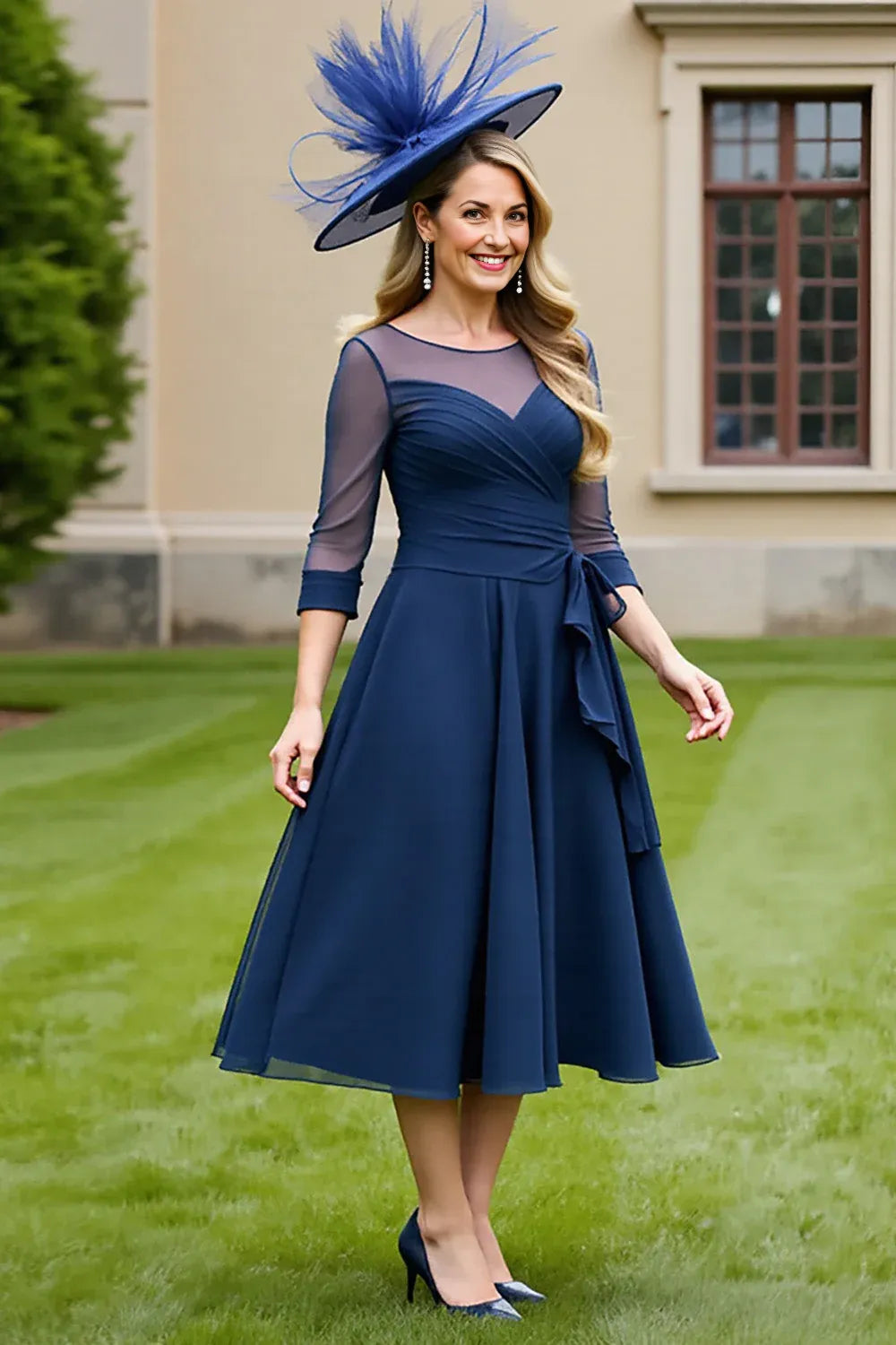Elegant Aline Illusion Neck Chiffon Midi Mother of the Bride Dress Wrap Sash Cocktail Dress