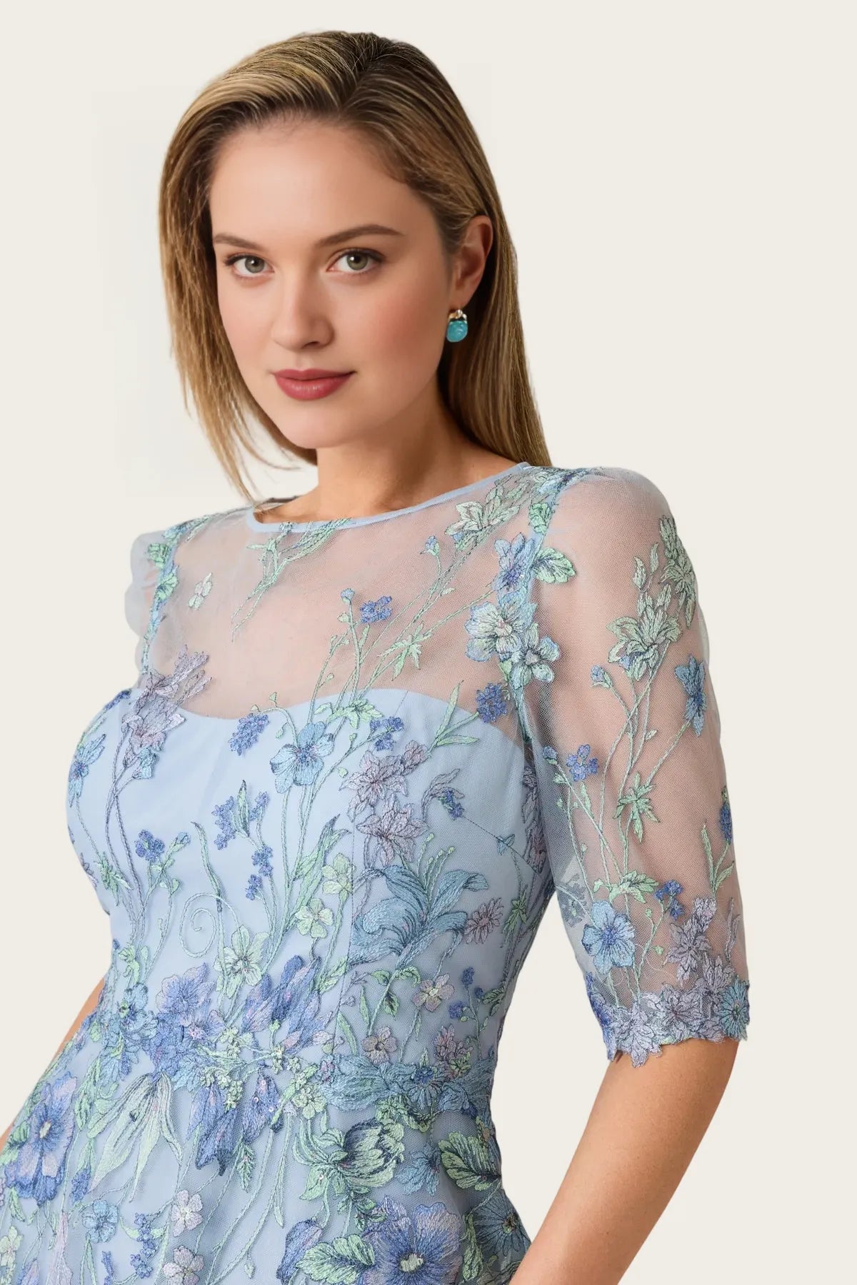 Romantic Aline Illusionneck Mesh Tulle Maxi Mother of the Bride Dress Floral Embroidery EveningGown