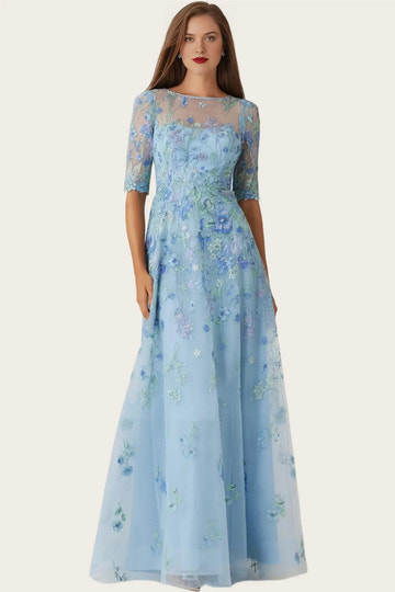 Romantic Aline Illusionneck Mesh Tulle Maxi Mother of the Bride Dress Floral Embroidery EveningGown