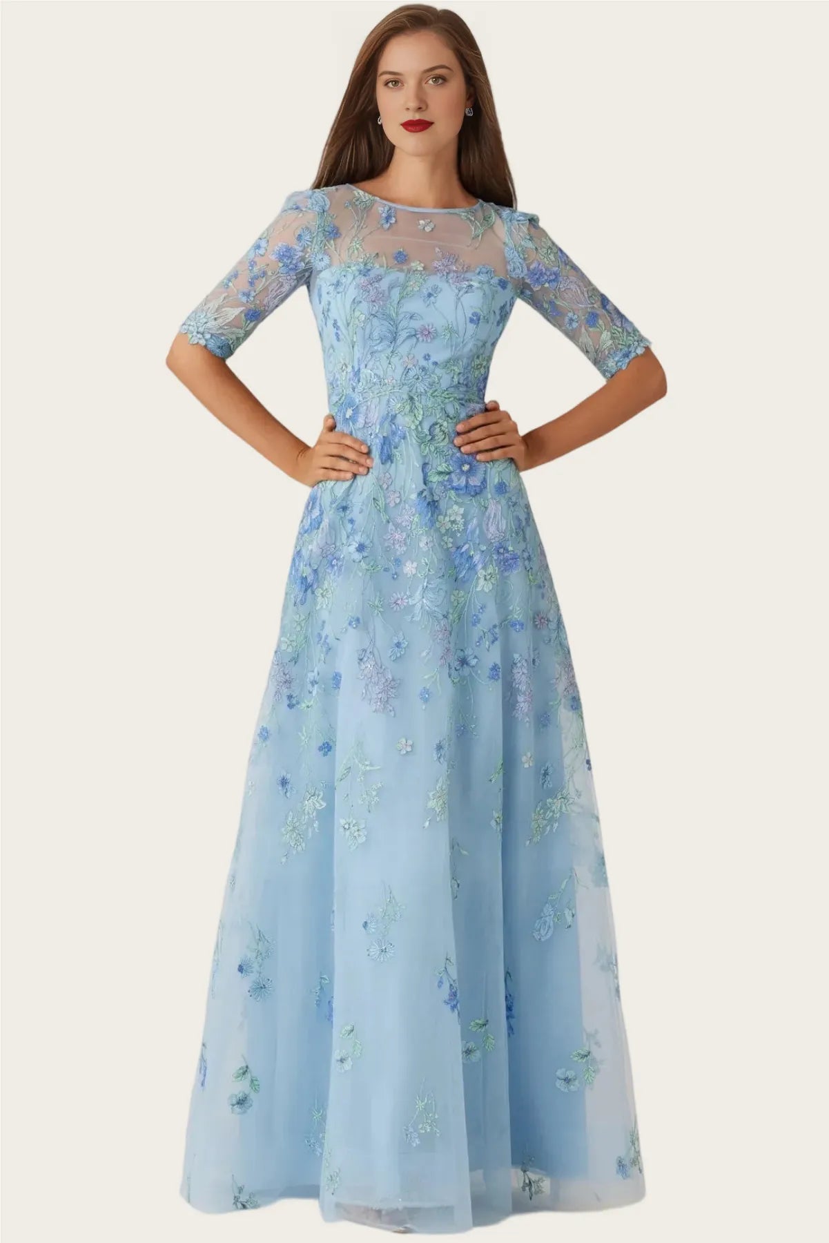 Romantic Aline Illusionneck Mesh Tulle Maxi Mother of the Bride Dress Floral Embroidery EveningGown