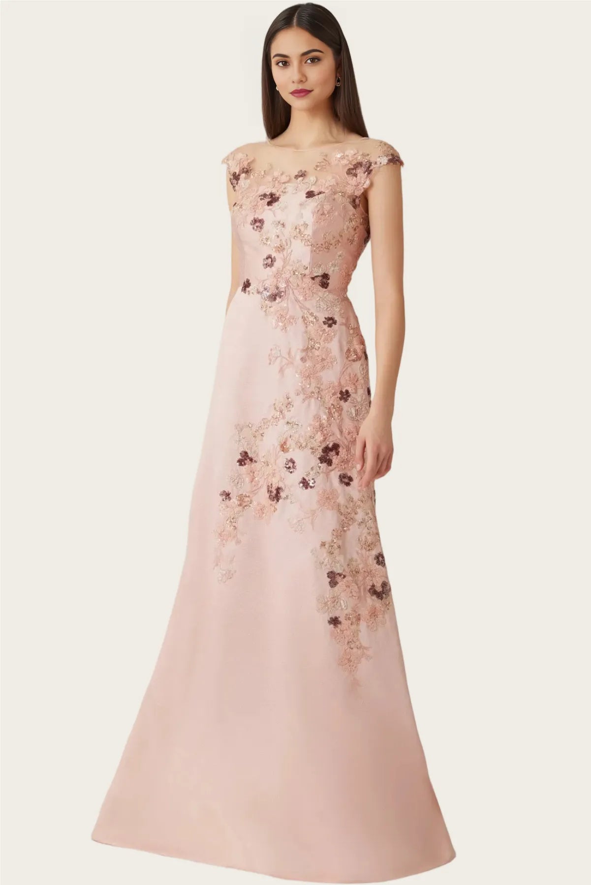 Elegant Aline Illusionneck Satin Maxi Sequin Mother of the Bride Dress Floral Embroidery EveningGown