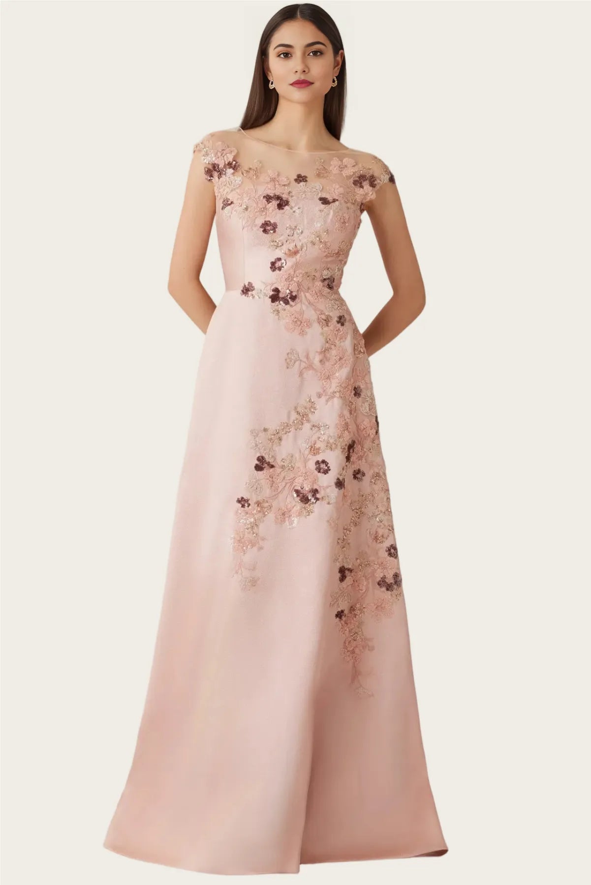 Elegant Aline Illusionneck Satin Maxi Sequin Mother of the Bride Dress Floral Embroidery EveningGown