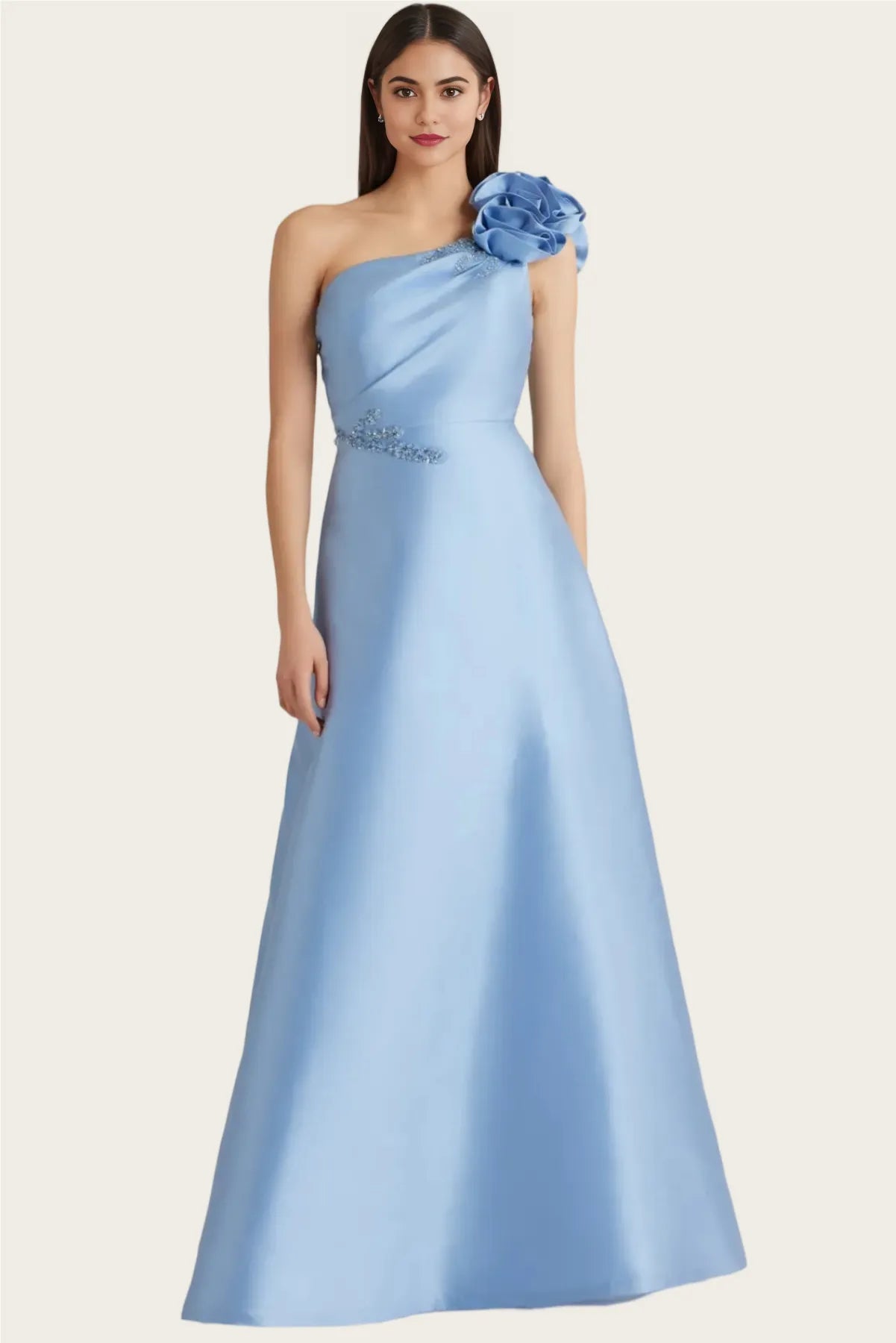 Elegant Aline One Shoulder Satin Maxi Flower Beaded Evening Gown