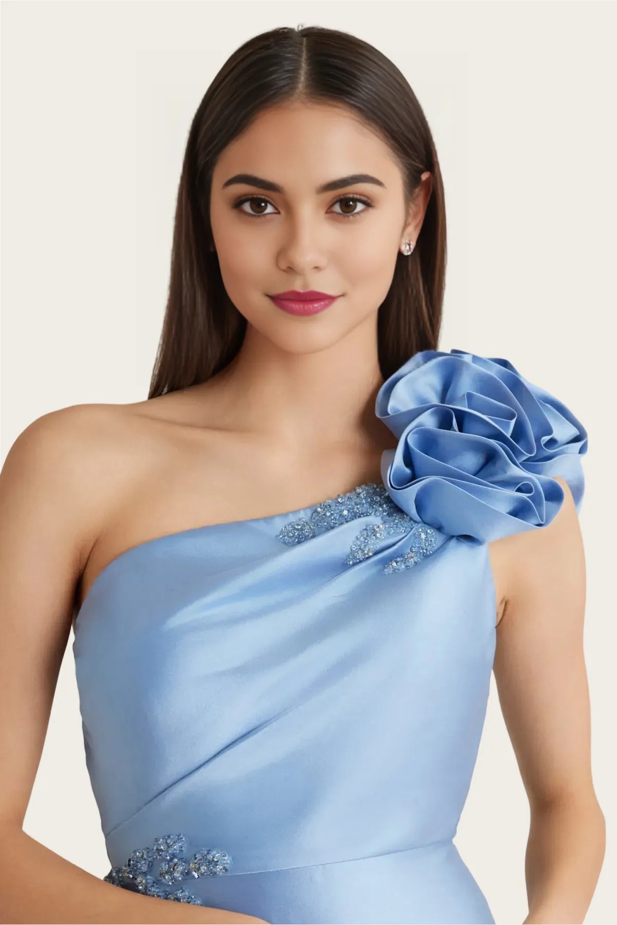 Elegant Aline One Shoulder Satin Maxi Flower Beaded Evening Gown