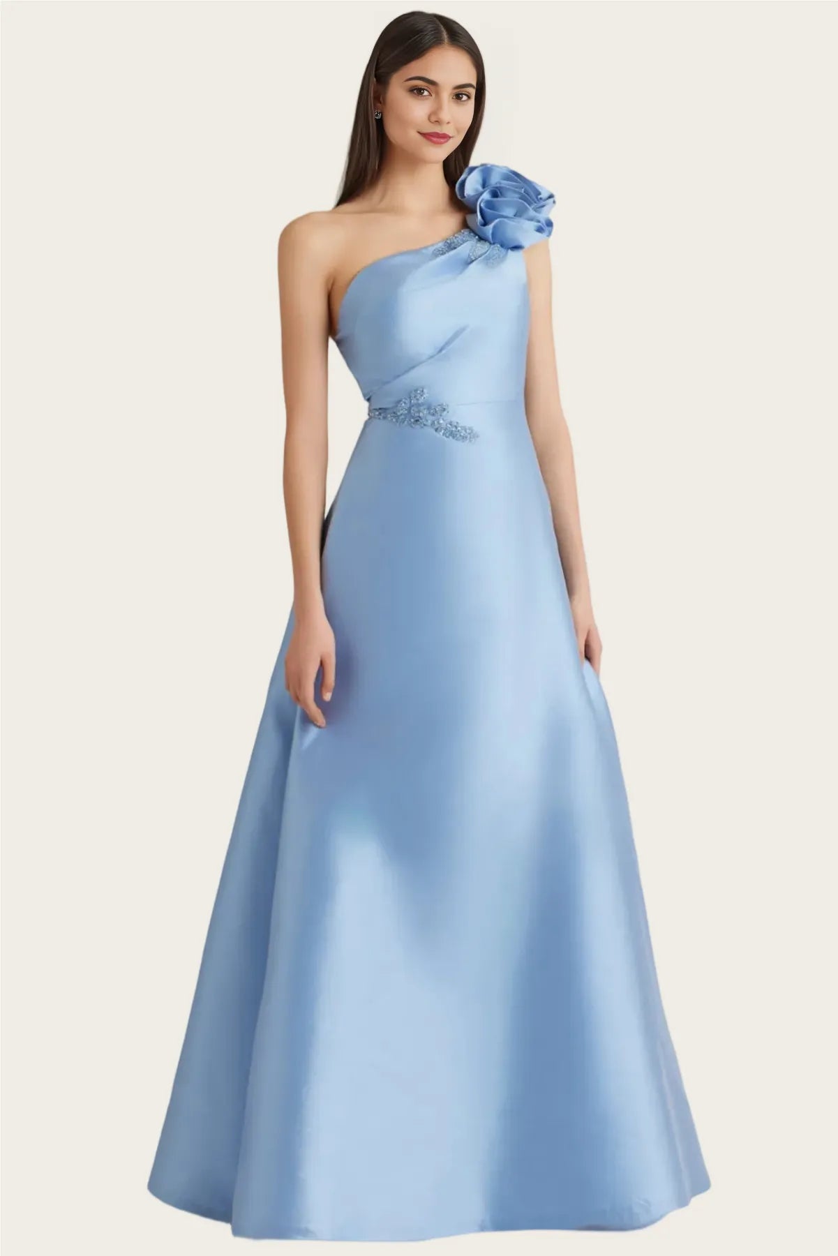 Elegant Aline One Shoulder Satin Maxi Flower Beaded Evening Gown