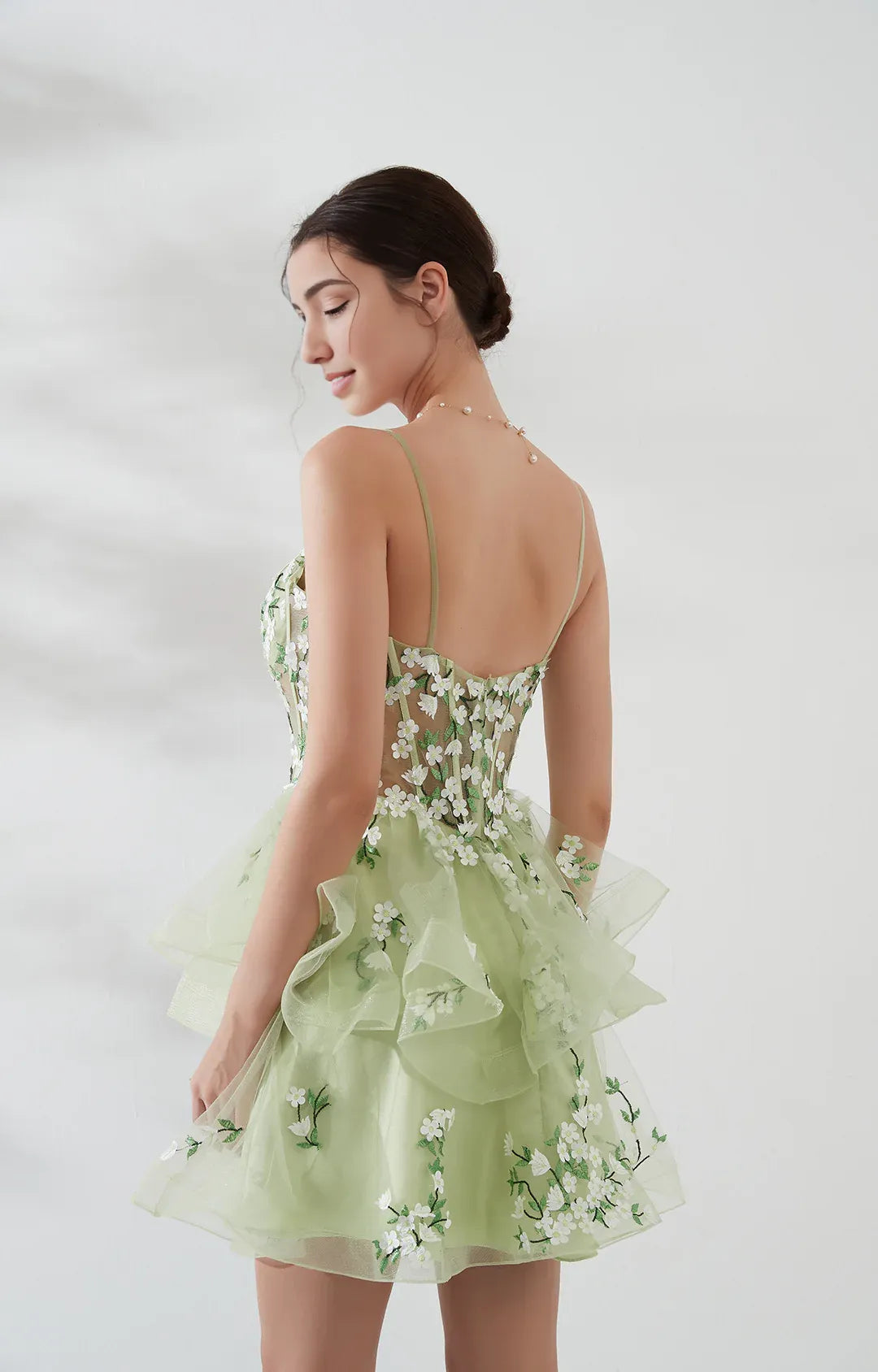 Aline SpaghettiStrap Tulle Puffy Short Applique Corset Homecoming Dress