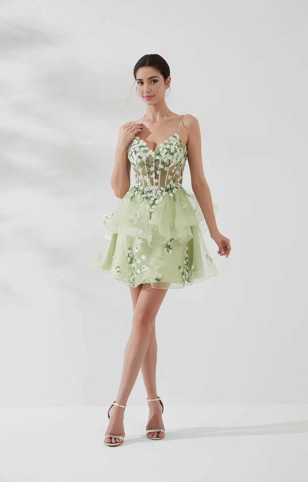 Aline SpaghettiStrap Tulle Puffy Short Applique Corset Homecoming Dress