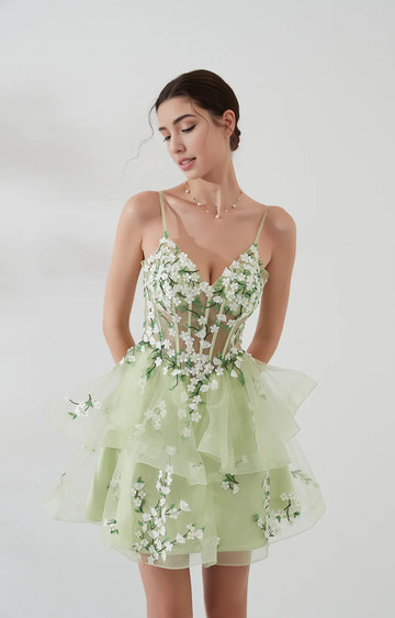 Aline SpaghettiStrap Tulle Puffy Short Applique Corset Homecoming Dress