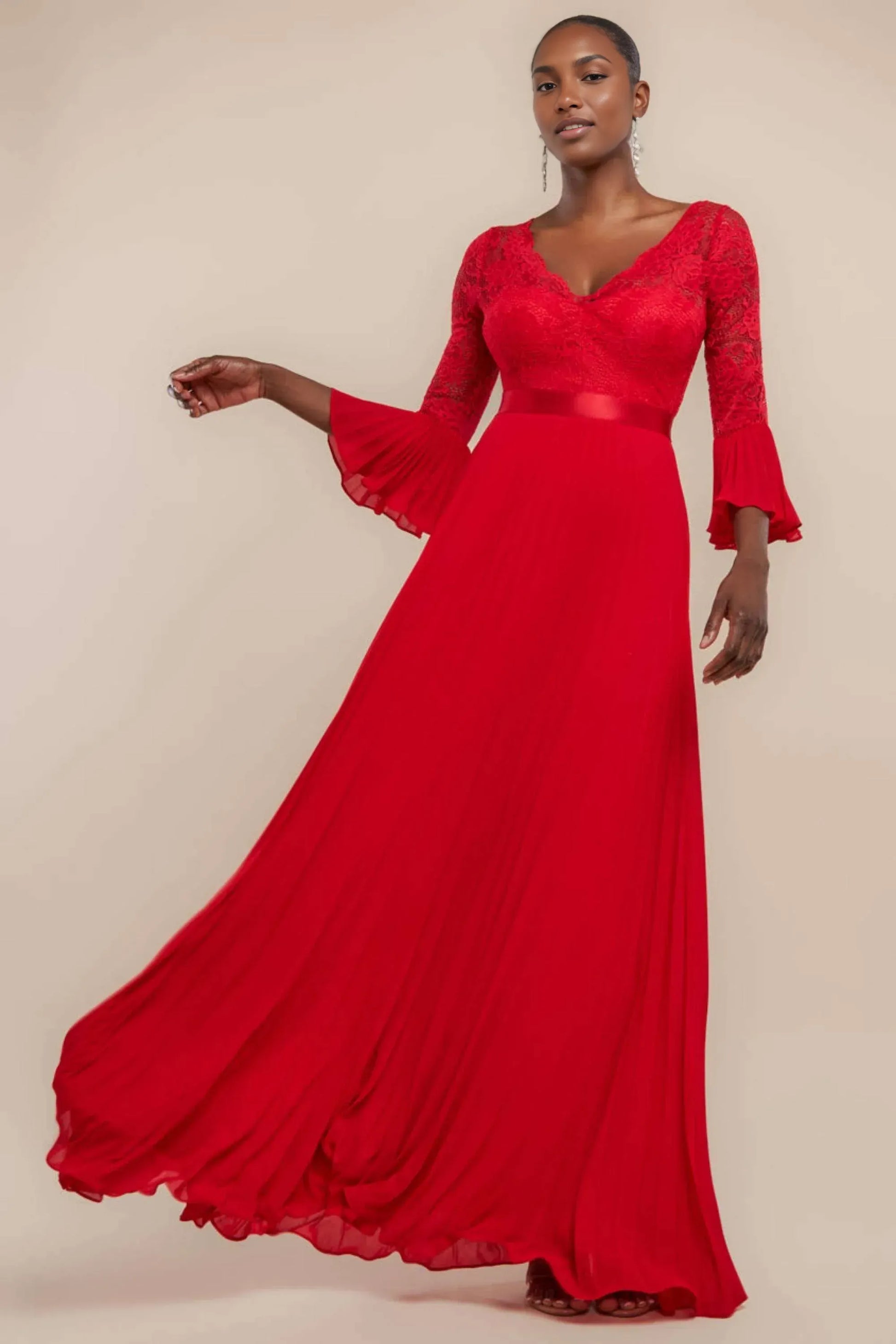 Elegant Aline VNeck Lace Chiffon Mother of the Bride Dress Flare Sleeve Formal Evening Dress