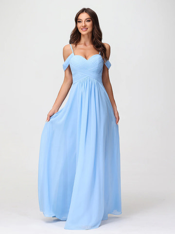 Off Shoulder Spaghetti Strap Sweetheart Ruched Chiffon Bridesmaid Maxi Dress