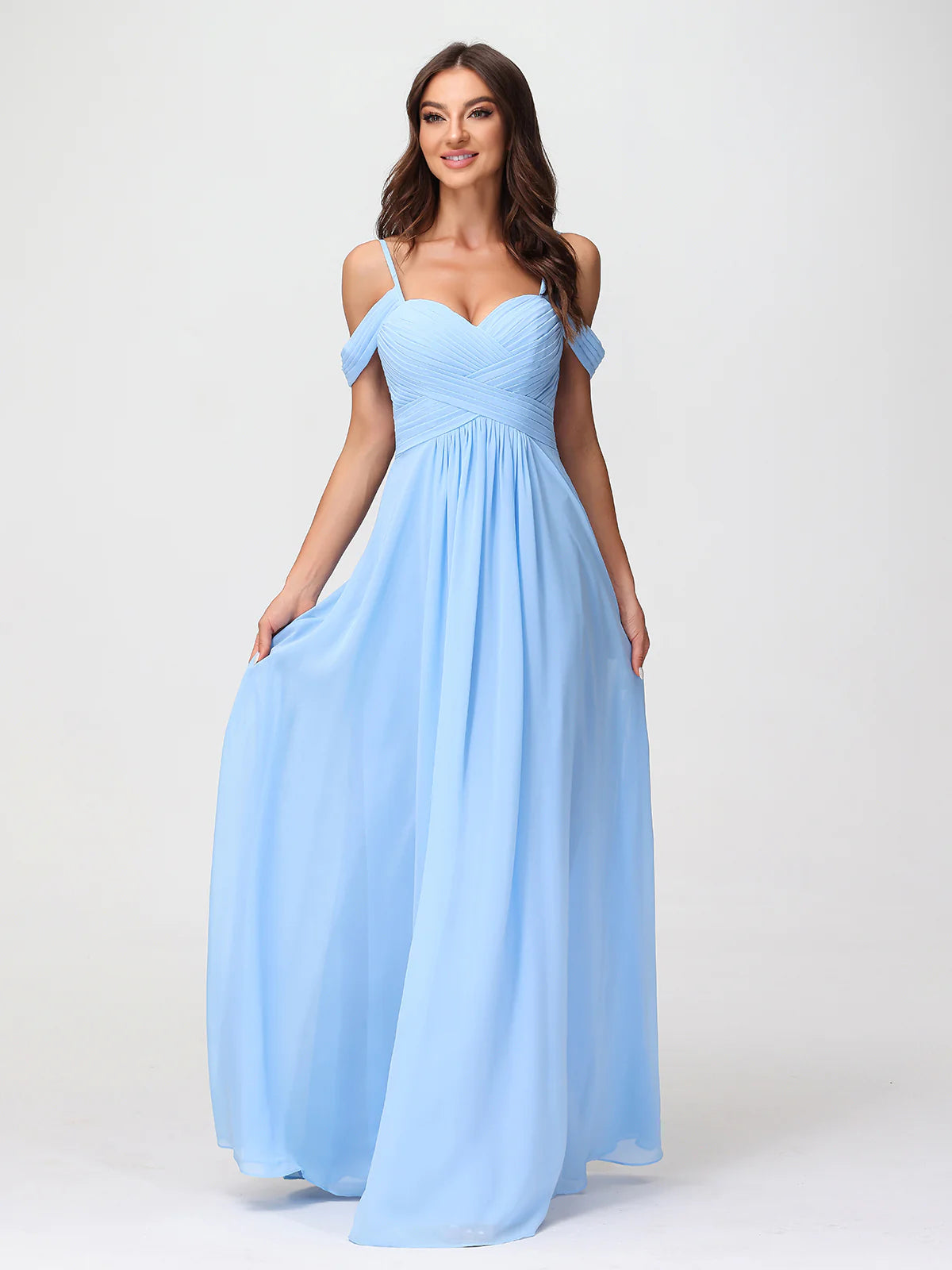 Off Shoulder Spaghetti Strap Sweetheart Ruched Chiffon Bridesmaid Maxi Dress