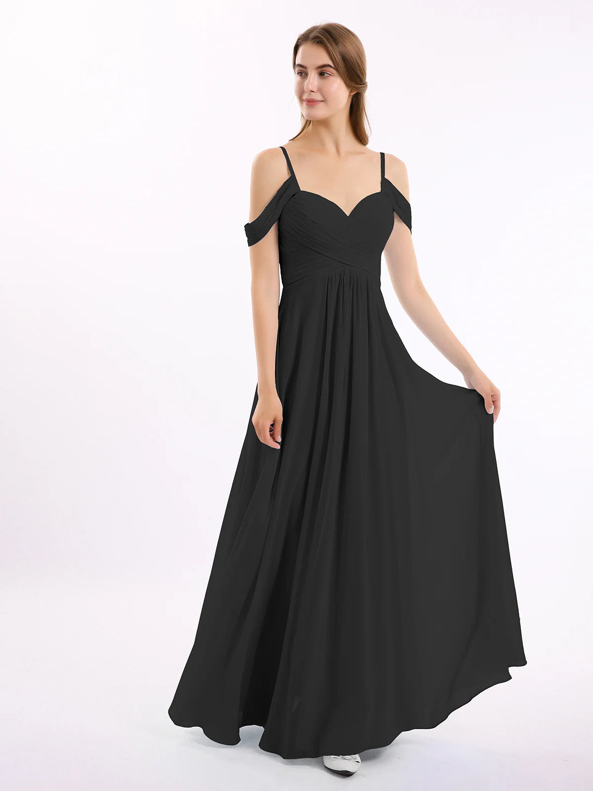 Off Shoulder Spaghetti Strap Sweetheart Ruched Chiffon Bridesmaid Maxi Dress