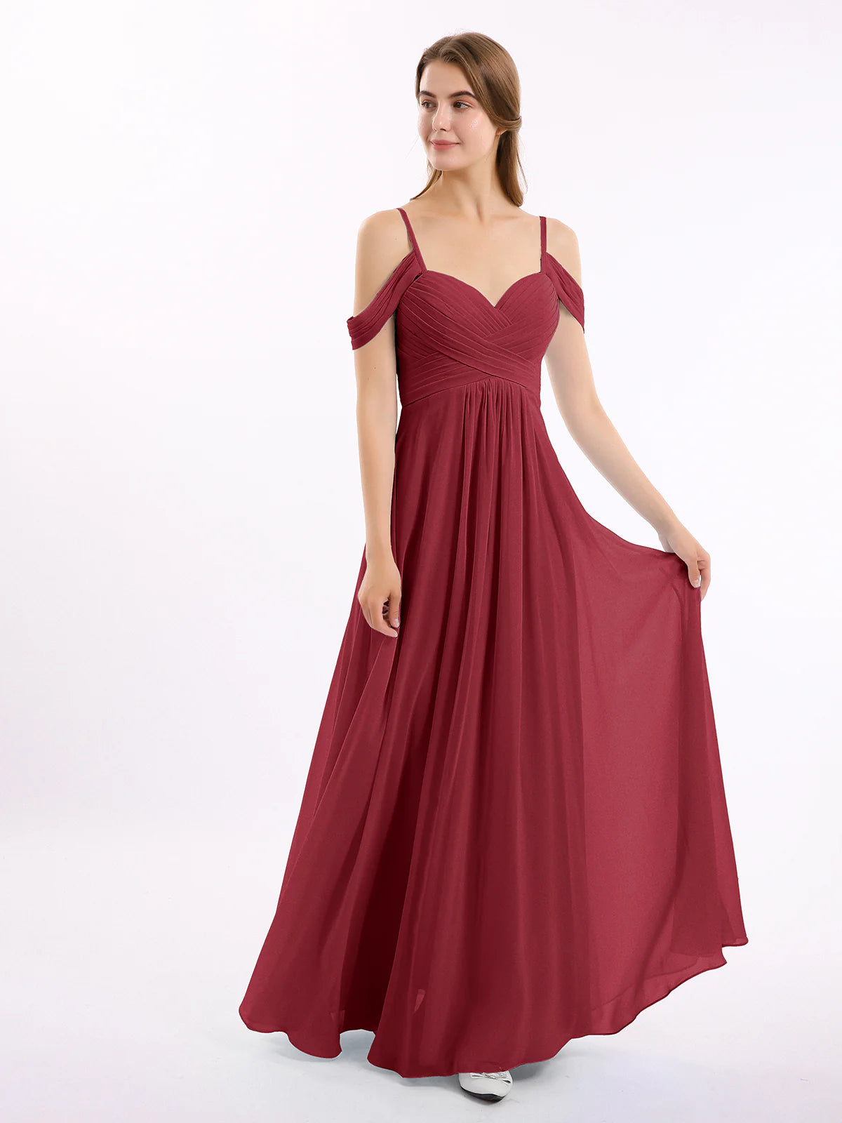Off Shoulder Spaghetti Strap Sweetheart Ruched Chiffon Bridesmaid Maxi Dress