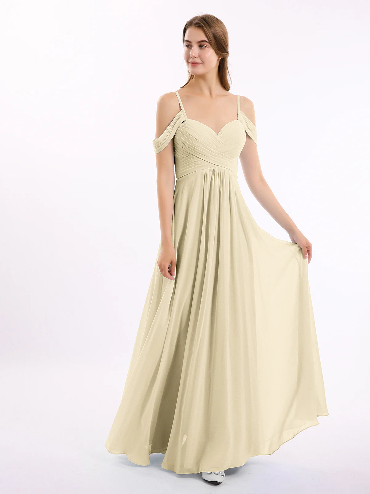 Off Shoulder Spaghetti Strap Sweetheart Ruched Chiffon Bridesmaid Maxi Dress